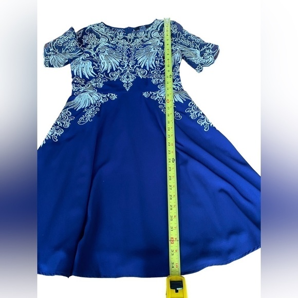 YZXH Yu Zhong Xie Hou Navy Blue and Taupe Lace Embroidered A-Line Dress Size L - Picture 14 of 15
